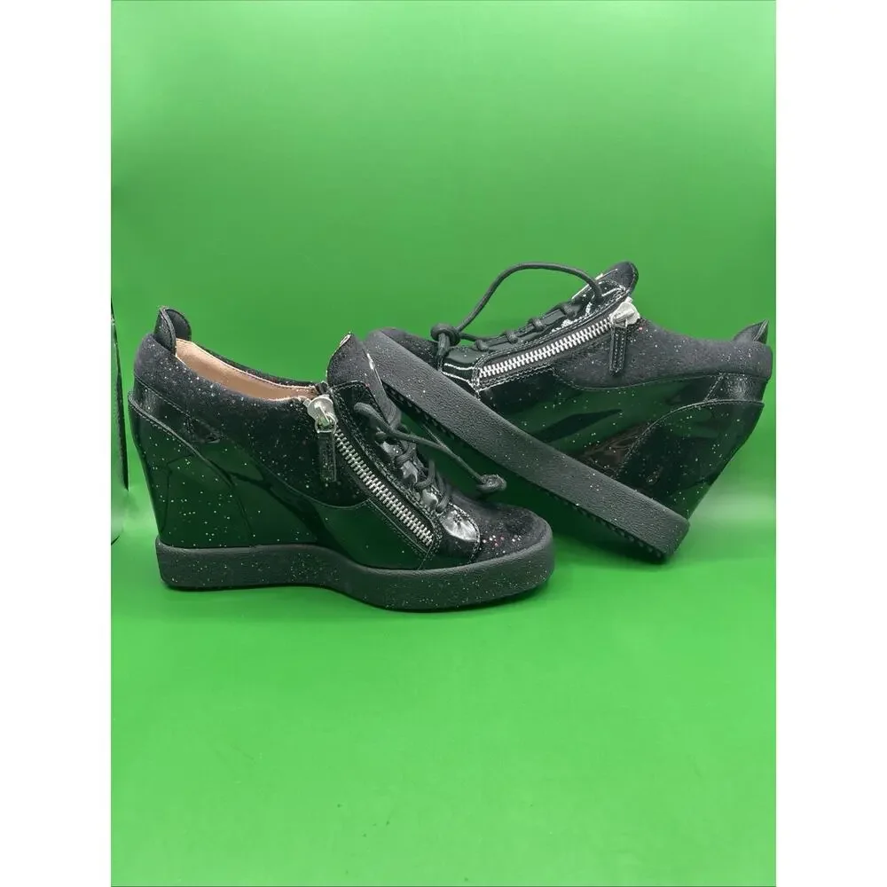 Designer Giuseppe Zanotti Kriss Wedge Sz 41 Black Patent Leather Velvet Glitter